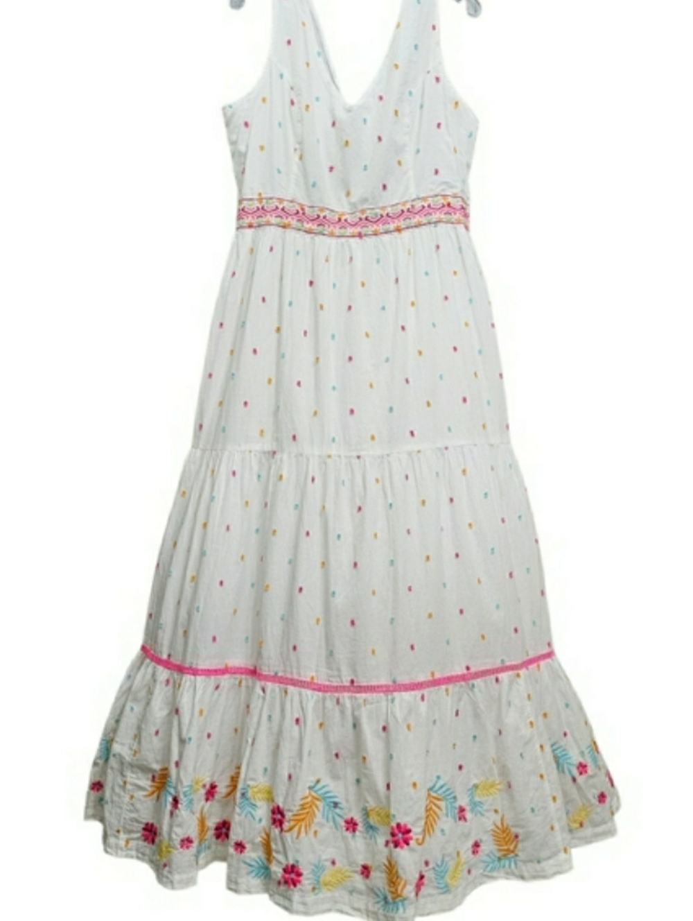 Crown & Ivy White Maxi Dress Pink, Yellow Floral Embroidery Sleeveless Sz 12